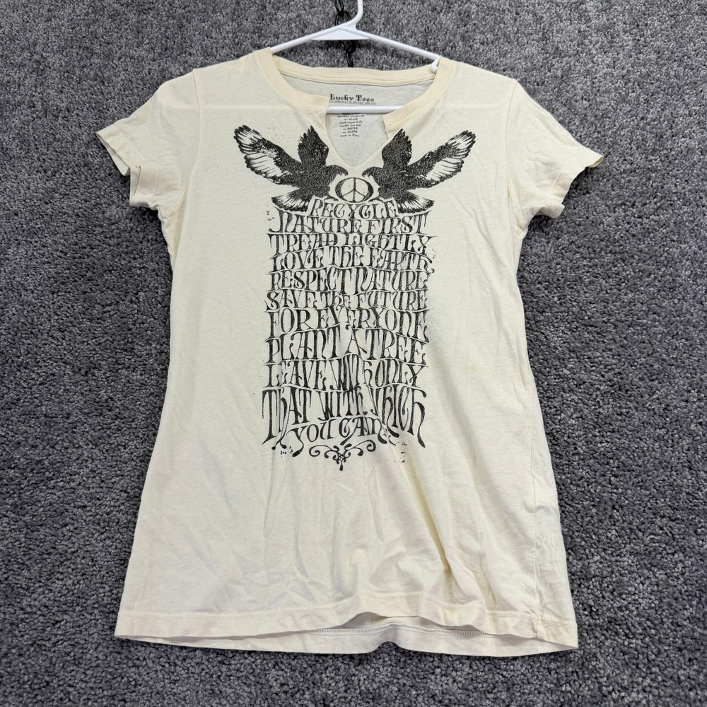 Lucky Tees T Shirt Womens S Cream Graphic Boho